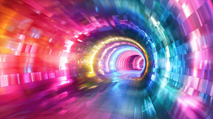 Abstract multicolored data tunnel turning to the right, ultra glowing lines, cyber network data, speed of light, space and time.