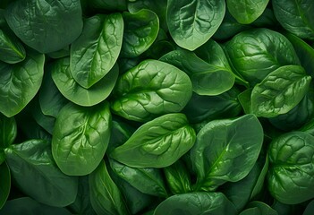 Top view on fresh organic spinach leaves. Healthy fresh green food and vegan background