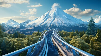 An extreme, adrenaline-pumping rollercoaster track against a backdrop of blue skies and snowy mountains - obrazy, fototapety, plakaty