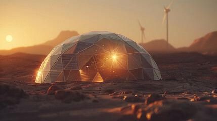 Futuristic geodesic dome habitat at sunset on desert planet: martian terraforming