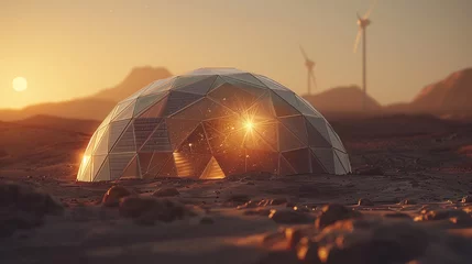 Fotobehang Futuristic geodesic dome habitat at sunset on desert planet: martian terraforming © Andrea Marongiu