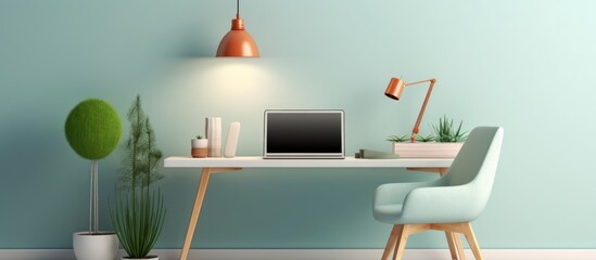 A desk neatly arranged with a laptop open and ready for work, next to a small potted plant adding a touch of greenery to the workspace. The desk is well-lit with a lamp,