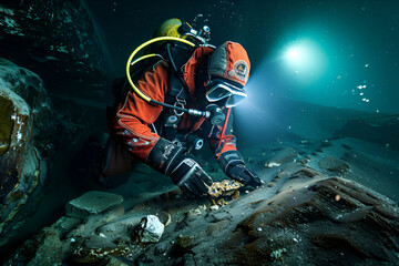 Deep-sea underwater archaeologist, explorer, Scuba Diver, searching and study artifacts, cleaning sea garbage, pollution relief,  world problem, dangerous, difficult, work, underwater excavations - obrazy, fototapety, plakaty