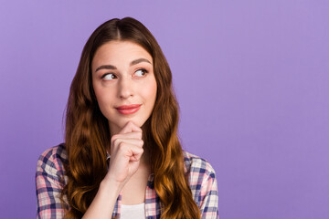 Photo of lady looking up empty space deep thinking creative person arm on chin isolated vibrant color background