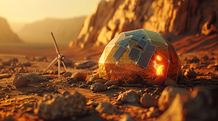 Desert energy: solar panel sphere at sunset