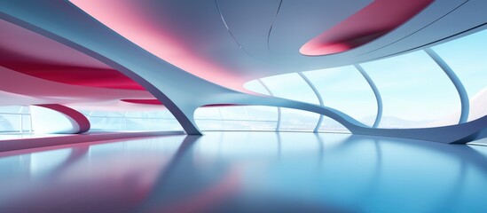 A cutting-edge futuristic building featuring striking red and blue hues stands out in an empty open space. The architectural design is modern and abstract, creating a visually dynamic environment.