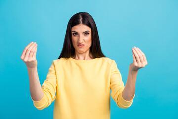 Young beautiful caucasian girl over isolated blue background angry gesturing typical italian gesture with hand, looking to camera - obrazy, fototapety, plakaty