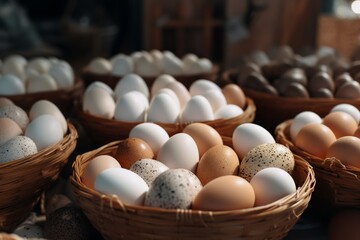 Wicker baskets filled with eggs of various colors on a table at a market or farm stand, with straw in the background and warm lighting, suggesting freshness.