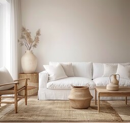 Modern Living Room Interior Background with a Touch of Scandinavian Style, Presented in 3D Render. Made with Generative AI Technology