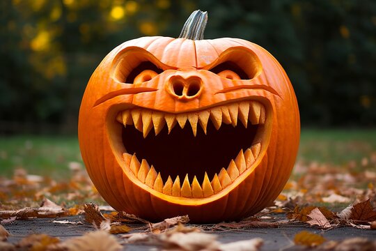 Carved pumpkin with a menacing face and jagged cuts set against an autumnal background of dry leaves, embodying a classic Halloween decoration theme.