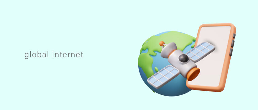 Concept of global Internet. 3D Earth, satellite, smartphone with blank screen