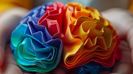 Colorful origami paper rolls in brain form at hands. Autism, memory loss, dementia, epilepsy and alzheimer awareness, world mental health day, Parkinson day concept. - 747346373
