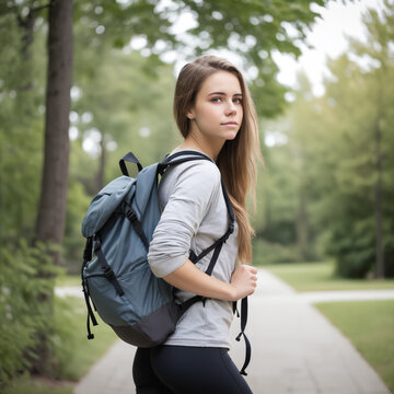 Woman with weighted  backpack walks in the park. Rucking.