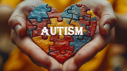 Puzzle heart in the hands of a child. The concept of autism. - obrazy, fototapety, plakaty