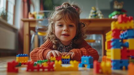 Cute little girl playing with colorful plastic building blocks at home. World autism awareness day concept.