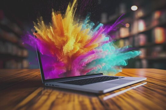Laptop with Colorful Watercolor Paint Explosion, Digital Creativity Digital Concept Render