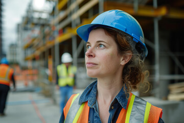 Determined Female Architect Overseeing Construction Site. A reflective female architect in a blue hard hat and safety vest at a building site.