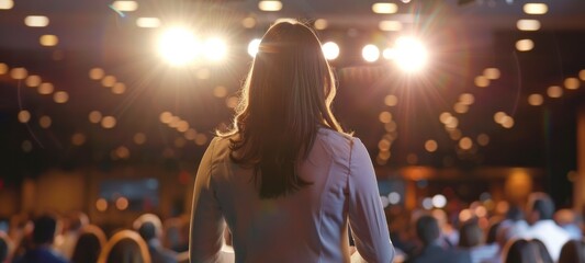 Inspiring Presence, Motivational Speaker Captivates Audience from Stage at Conference or Business Event, Viewed from Behind.