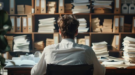 Weary Worker, Exhausted Man Sits Amidst Piles of Folders and Papers in Office, Viewed from Behind. - obrazy, fototapety, plakaty
