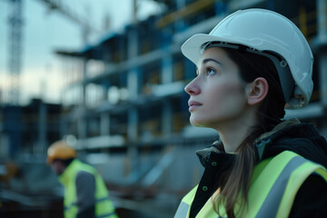 Serious Female Engineer at Urban Construction Site. A serious and attentive female engineer wearing a white hard hat and reflective safety vest at a construction site during twilight.