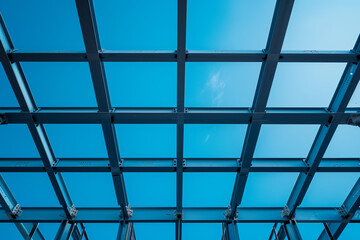 Modern Architectural Framework. Clear blue sky visible through a geometric grid of a metal building framework.