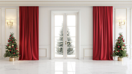 White marble room luxury and modern style with red curtain and christmas tree,