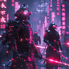 Naklejka premium Neon flashes on samurai armor and ninja silhouettes, as they navigate a robot-infested dystopia, a dance of shadows and light