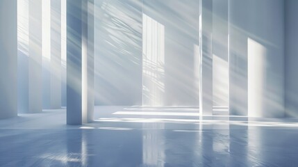 Abstract white interior space with concrete columns and bright sunlight shining through the large windows. 3d rendering illustration.