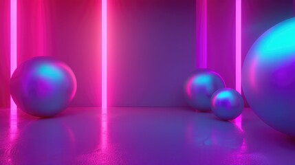3D rendering. Pink and blue neon lights in an empty room with reflective floor. Futuristic abstract background.