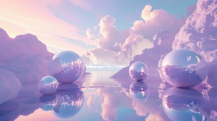 Tranquil dawn over a pink lake with surreal floating spheres reflecting the environment. - Powered by Adobe