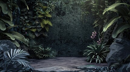 A lush, overgrown jungle scene with a dark, grungy stone wall in the background.