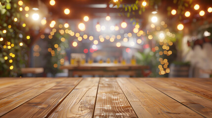 Empty wooden table with defocused warm glowing festive lights creating a bokeh effect in a cozy ambiance.