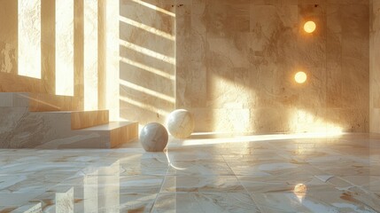The image is a 3D rendering of a room with a tiled floor and two spheres.