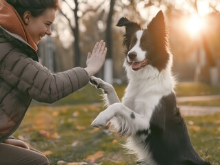 Cute dog greeting paw touching man's hand