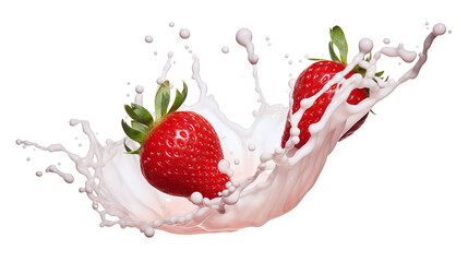 Fresh strawberry cut in half dropped into yogurt or splashed with milk on a white background.