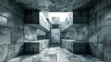 A 3D rendering of a futuristic concrete structure with a glowing light in the distance.