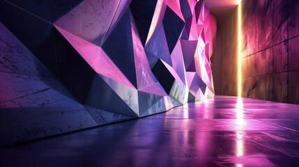 3D rendering of a futuristic sci-fi corridor. The walls are made of geometric shapes and lit by a pink neon light.