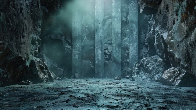 A dark and mysterious cave with a glowing blue light in the distance.