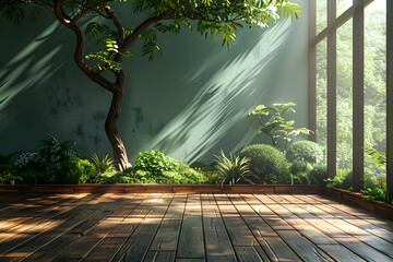 Empty wooden terrace with green wall 3d render,There are wood plank floor with tropical style tree garden background sunlight shine on the tree 4