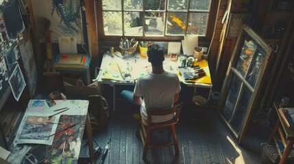 An artist sits in his studio, working on a new painting. He is surrounded by his supplies,...