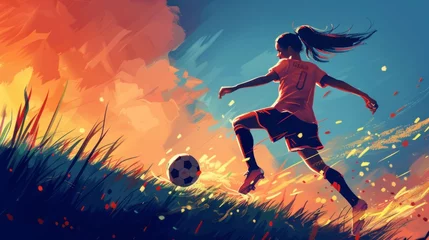 Fotobehang banner of a young woman playing soccer with a ball in high resolution and high quality © Marco