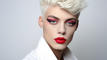 Beautiful, androgynous feminine man with makeup, challenging gender norms and celebrating the diversity of human expression