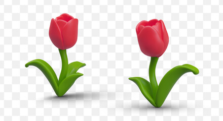 Red tulip in plasticine style. Set of vector realistic objects in different positions
