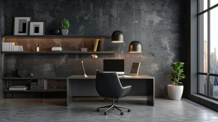 This is a modern office with a dark theme. The room is furnished with a large desk, a comfortable chair, and a few plants.