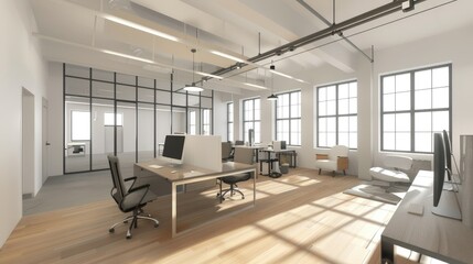 A modern office space with large windows, hardwood floors, and a minimalist design.