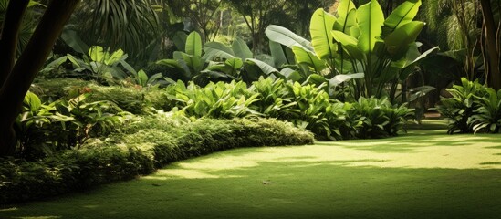 A dense green forest filled with a variety of trees creating a lush and vibrant landscape. The canopy is thick, allowing only dappled sunlight to filter through to the forest floor where various