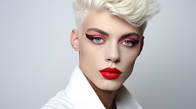 Beautiful, androgynous feminine man with makeup, challenging gender norms and celebrating the diversity of human expression