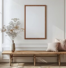 Poster Frame Mockup in a Charming Farmhouse Living Room Interior, Presented in 3D Render. Made with Generative AI Technology