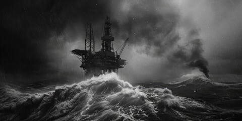 Confronting Nature Fury, Offshore Oil Rig Stands Tall Against Dark, Stormy Sea Skies, Signifying Industrial Strength Amidst Nature's Unyielding Forces. - obrazy, fototapety, plakaty