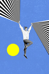 Vertical collage picture illustration monochrome effect happy excited cheerful young woman pose...